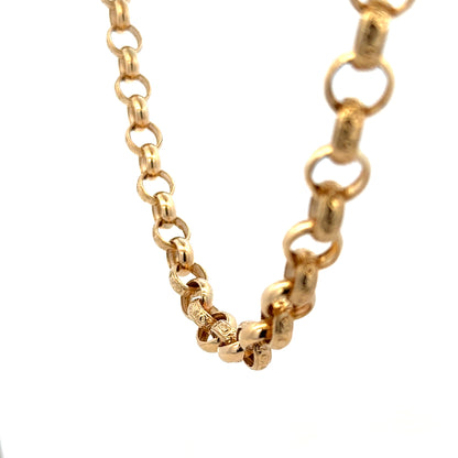 9ct yellow gold belcher chain weighing 86.6g with Reeves and Sons branding, displayed on a neutral background.