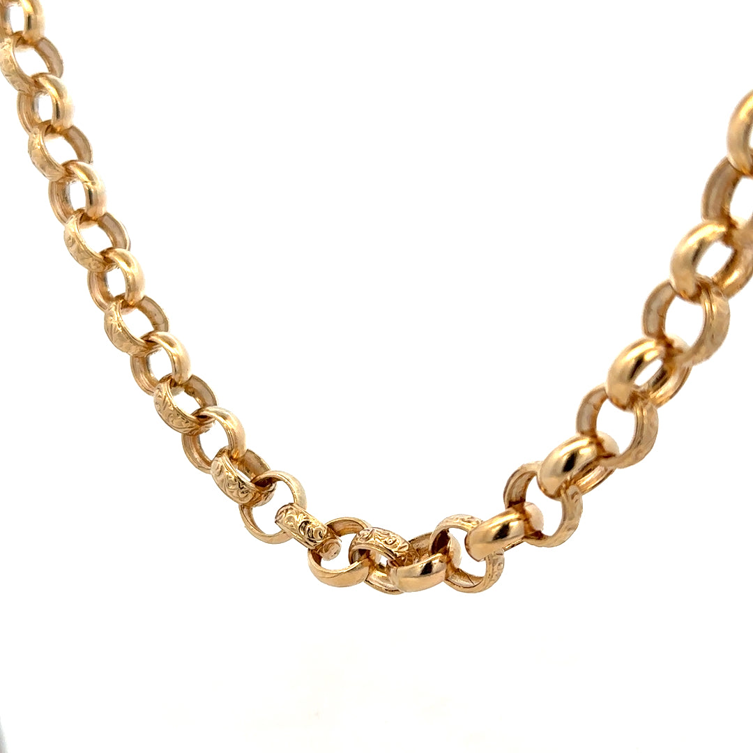 9ct yellow gold belcher chain with a sturdy link design, weighing 86.6g, from Reeves and Sons.