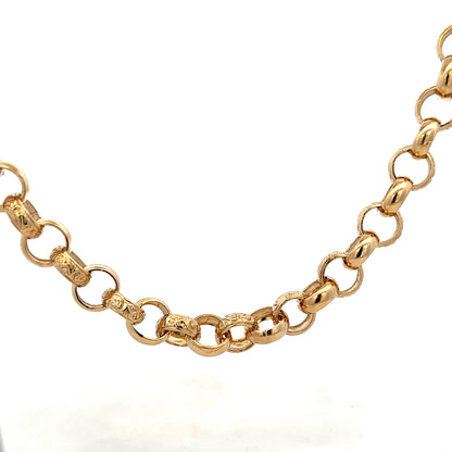 9ct yellow gold belcher chain by Reeves and Sons, showing close-up of the 86.6g chain links on a plain background.