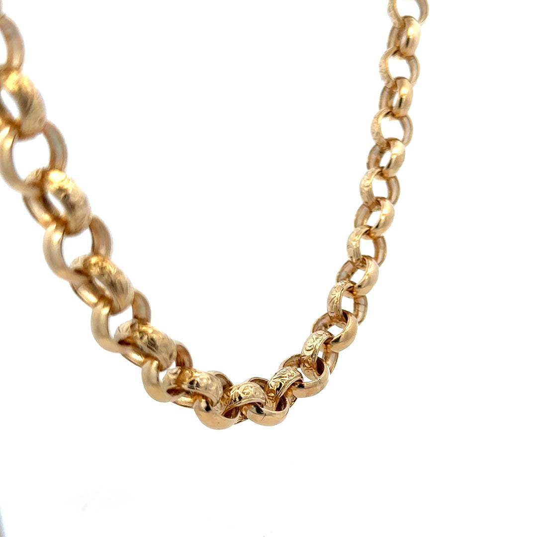 9ct yellow gold belcher chain from Reeves and Sons, showing the detailed link design and shine of the 86.6g jewelry piece.