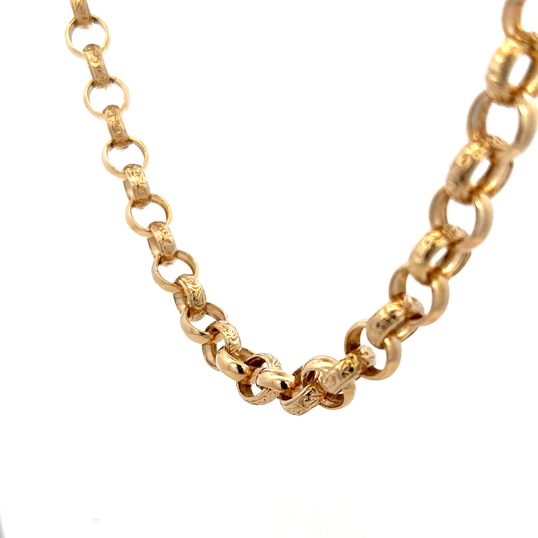 9ct yellow gold belcher chain with a smooth, linked design, weighing 86.6g, from Reeves and Sons.