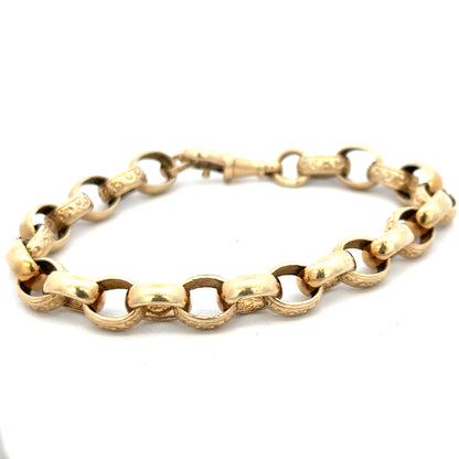 9ct yellow gold belcher bracelet by Reeves and Sons, 21.7g, showcasing linked gold chain design on a plain background.