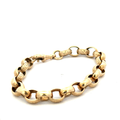 9ct yellow gold belcher bracelet with textured links, weighing 21.7g, from Reeves and Sons.