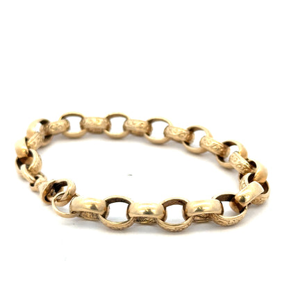 9ct yellow gold belcher bracelet with a polished finish, weighing 21.7g, from Reeves and Sons, shown with close-up details.