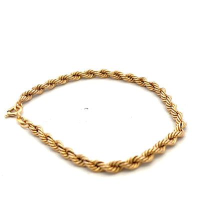 9ct yellow gold rope bracelet weighing 2.4g, Reeves and Sons jewelry, featuring twisted gold rope design and secure clasp.