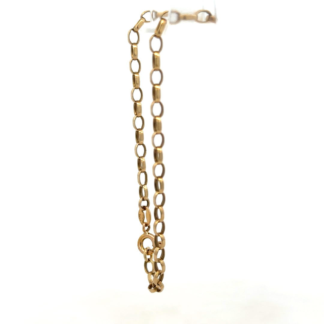 9ct yellow gold belcher bracelet by Reeves and Sons, showcasing shiny gold links with a secure clasp.