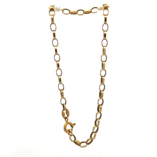9ct yellow gold belcher bracelet from Reeves and Sons, featuring interlinked chain links and a polished finish.