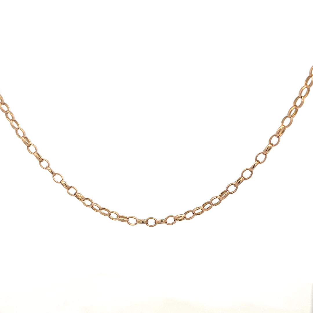 9ct yellow gold belcher chain from Reeves and Sons, showing the chain's links and polished finish.