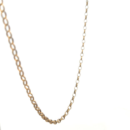 9ct yellow gold belcher chain from Reeves and Sons, showing a close-up of the 10.2g necklace with detailed chain links.