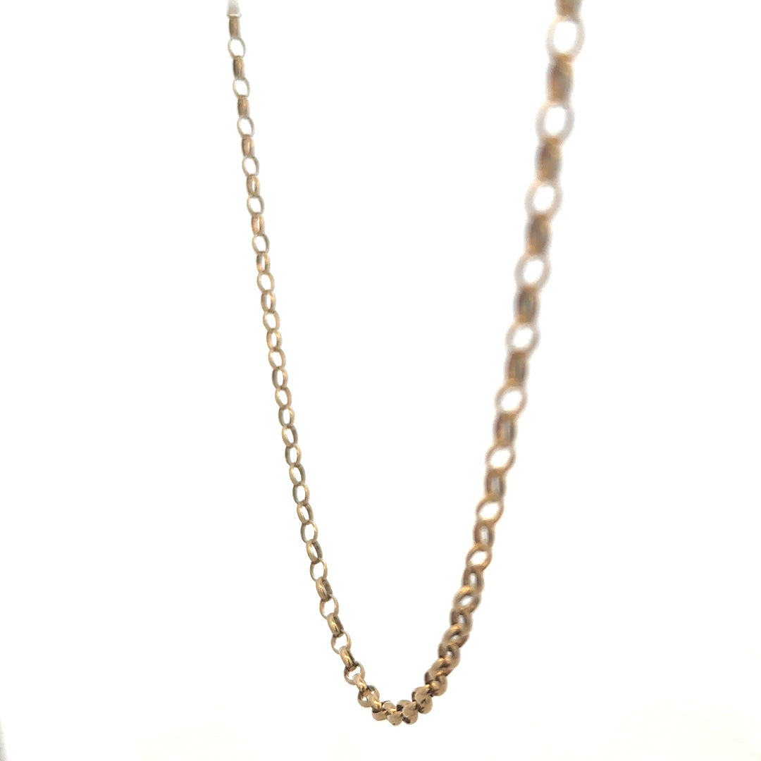 9ct yellow gold belcher chain showing shiny links and clasp, weighing 10.2g, by Reeves and Sons.