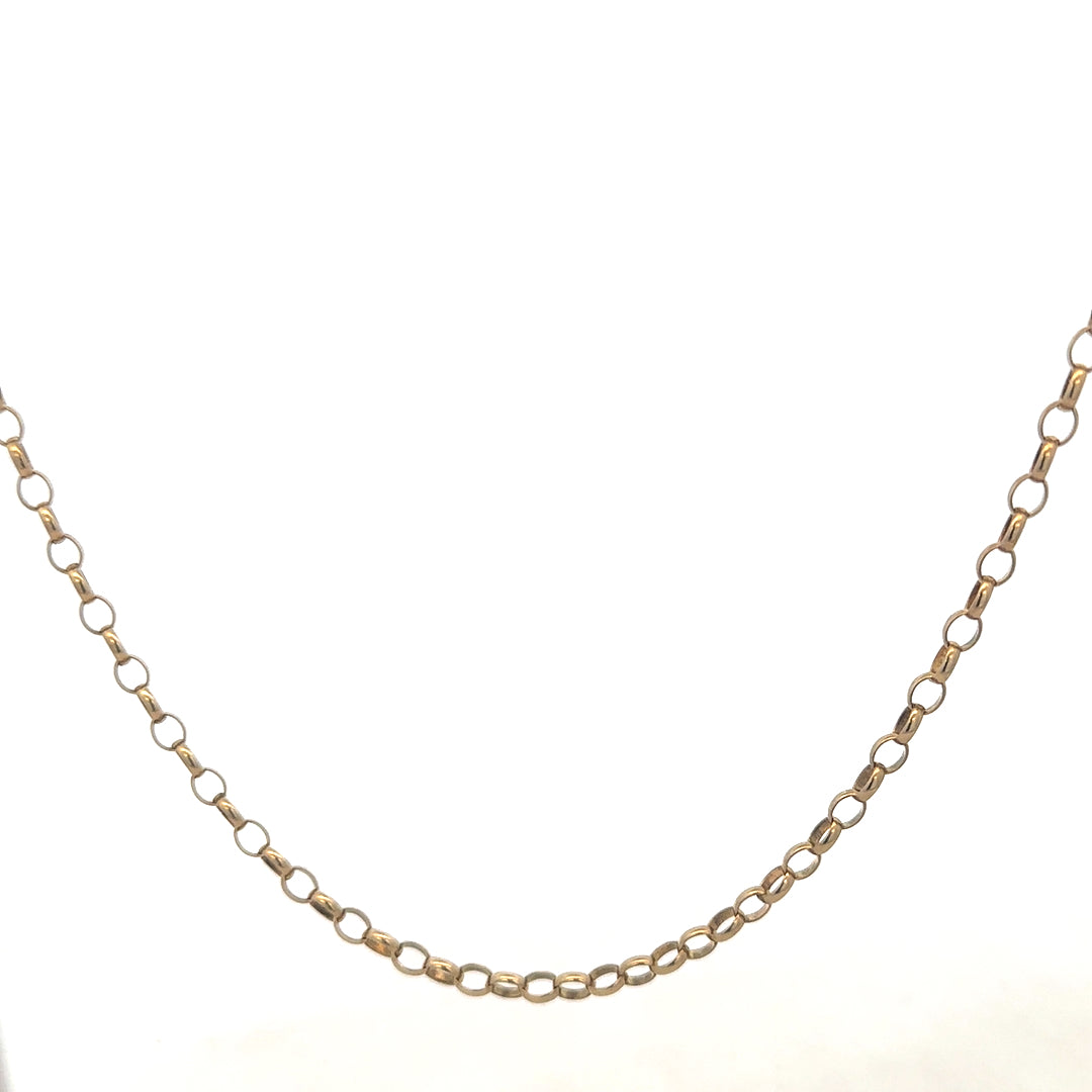 Reeves and Sons 9ct yellow gold belcher chain, 10.2g, showcasing the shiny, linked jewelry design on a white background.