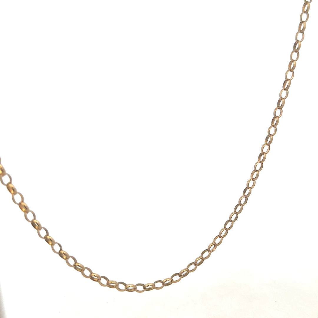 9ct yellow gold belcher chain, Reeves and Sons, showing the chain's links and polished finish, weighing 10.2 grams.