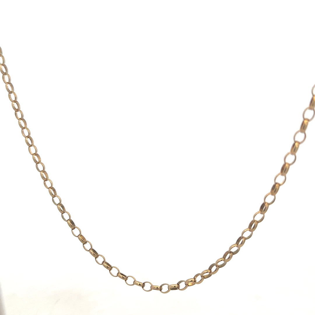 9ct yellow gold belcher chain from Reeves and Sons, 10.2g, with a close-up view showing the linked chain design.