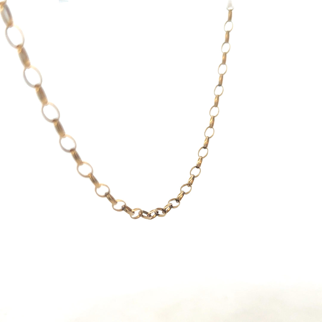 9ct yellow gold belcher chain from Reeves and Sons, showing the textured link design and polished finish.