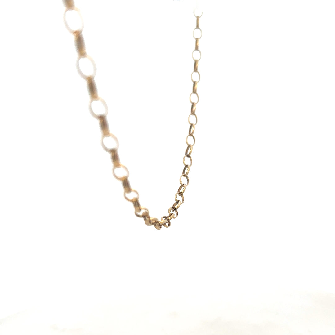 9ct yellow gold belcher chain from Reeves and Sons, showing the link pattern and polished finish, weighing 5.6g.