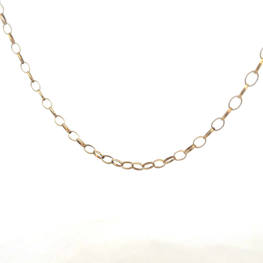 9ct yellow gold belcher chain from Reeves and Sons, showing the shiny linked chain with a secure clasp.