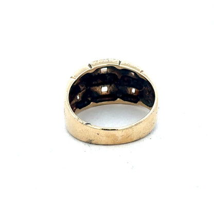 9ct yellow gold ring in size Q1/2 with a smooth band, crafted by Reeves and Sons, shown on a neutral background.