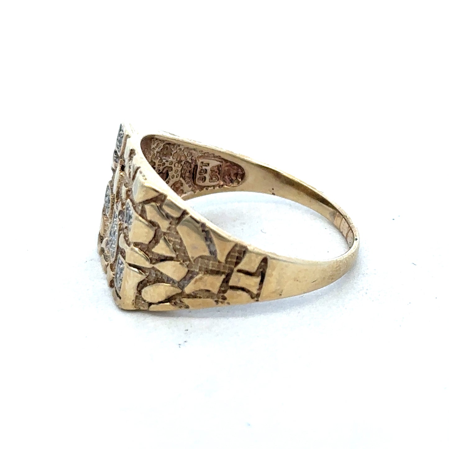 9ct yellow gold diamond ring with intricate design, size Z, by Reeves and Sons, featuring sparkling diamonds on a polished band.