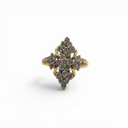 18ct yellow gold diamond ring by Reeves and Sons featuring sparkling diamonds and a classic band design.