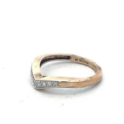 9ct yellow gold diamond wishbone ring by Reeves and Sons, featuring sparkling diamonds in a classic wishbone design.
