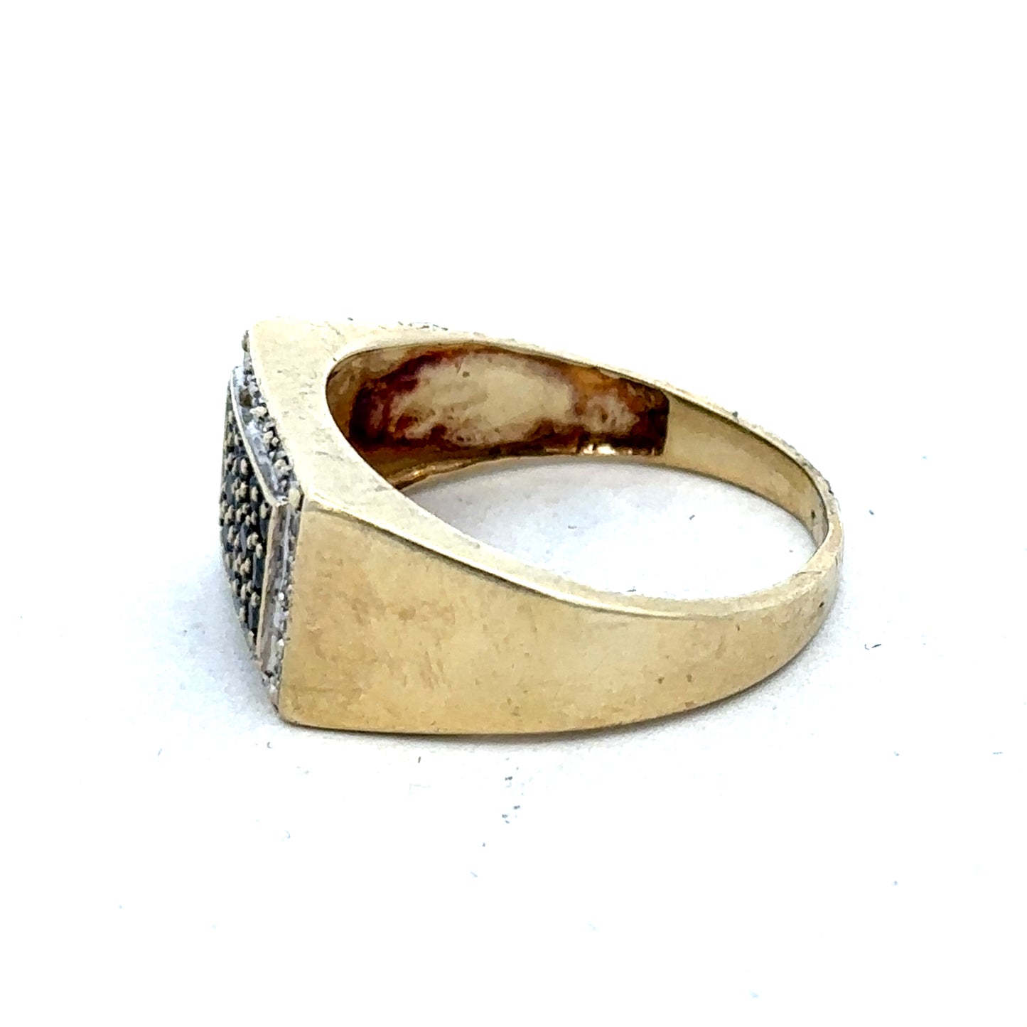9ct yellow gold diamond ring in size U with intricate band design, crafted by Reeves and Sons.