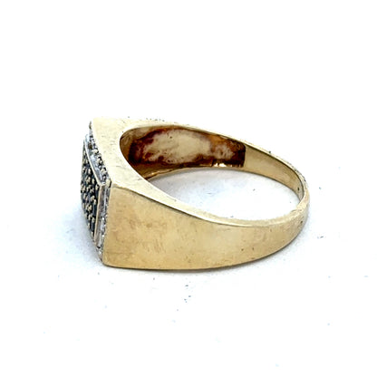 9ct yellow gold diamond ring in size U with intricate band design, crafted by Reeves and Sons.