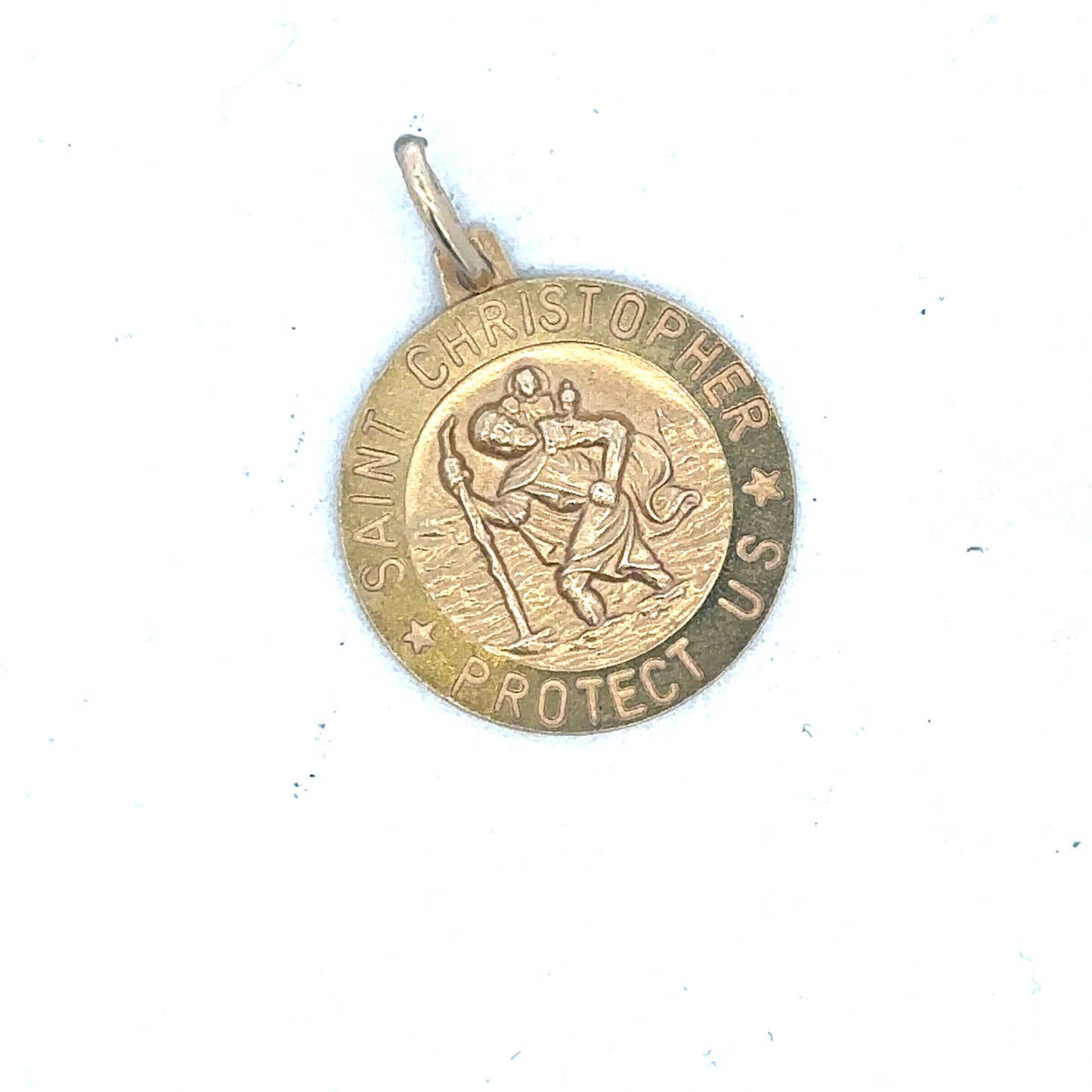 9ct yellow gold St Christopher pendant by Reeves and Sons, detailed religious jewelry with intricate design and polished finish.