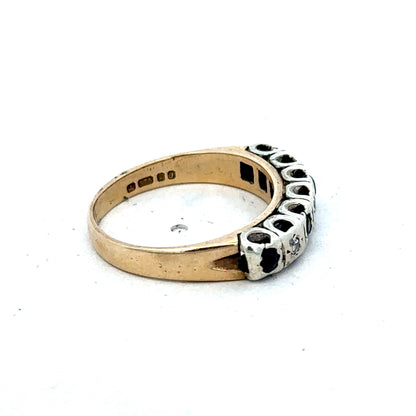 9ct yellow gold sapphire and diamond ring featuring a central sapphire gemstone and diamond accents, size K, Reeves and Sons.