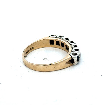 9ct yellow gold sapphire and diamond ring with intricate design, size K, from Reeves and Sons.
