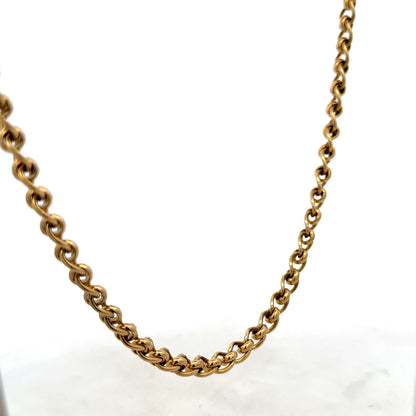 Reeves and Sons 9ct yellow gold rollerball chain, 33.9g, close-up showing polished gold links and clasp detail.