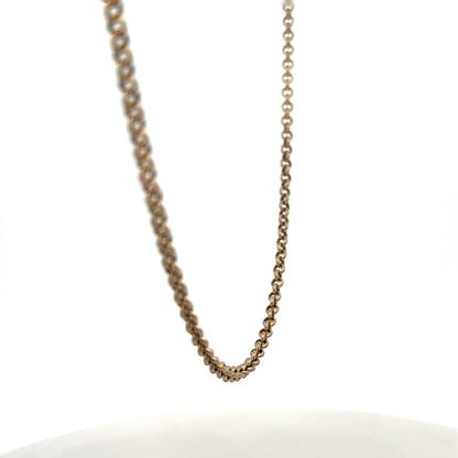 9ct yellow gold belcher chain weighing 13.4g, from Reeves and Sons, displayed laying flat showing its detailed link design.