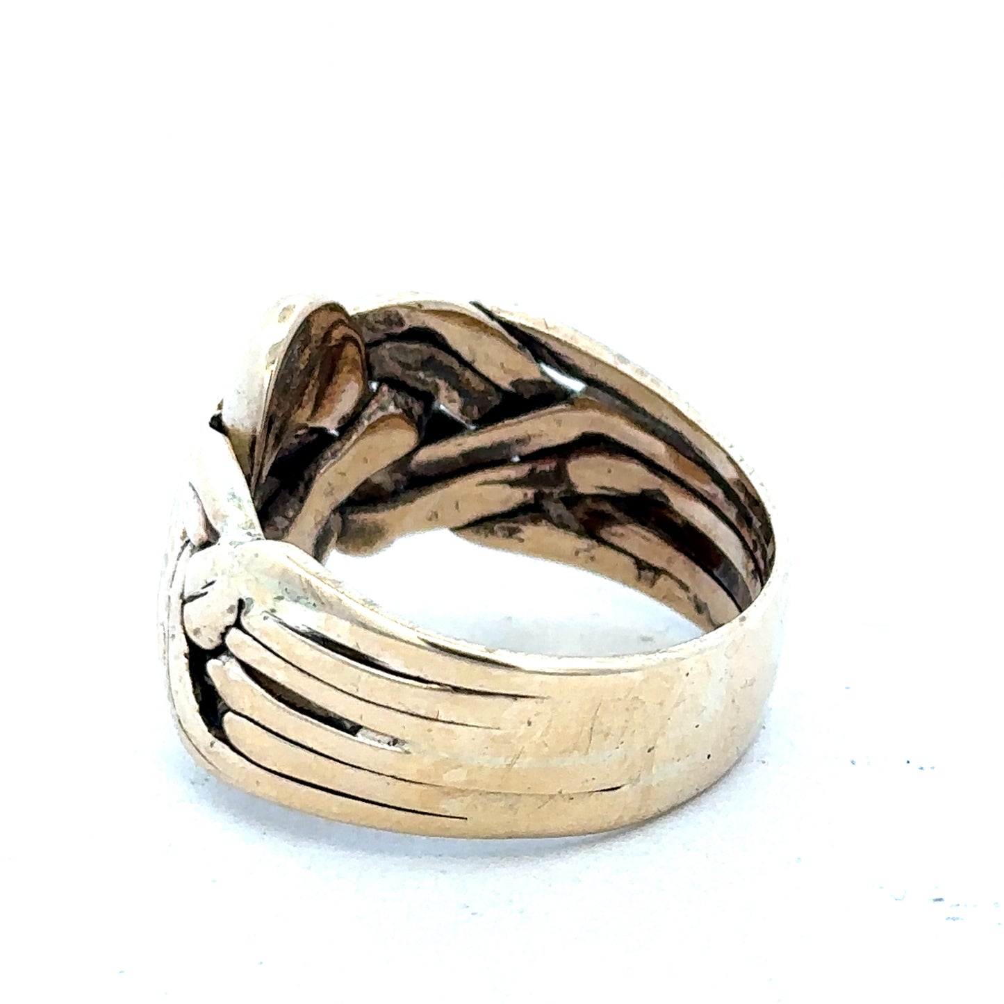 9ct yellow gold puzzle ring size U by Reeves and Sons, featuring interlocking geometric design and polished finish.