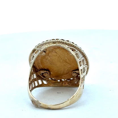 9ct yellow gold Sovereign ring with detailed coin design, size X, by Reeves and Sons.