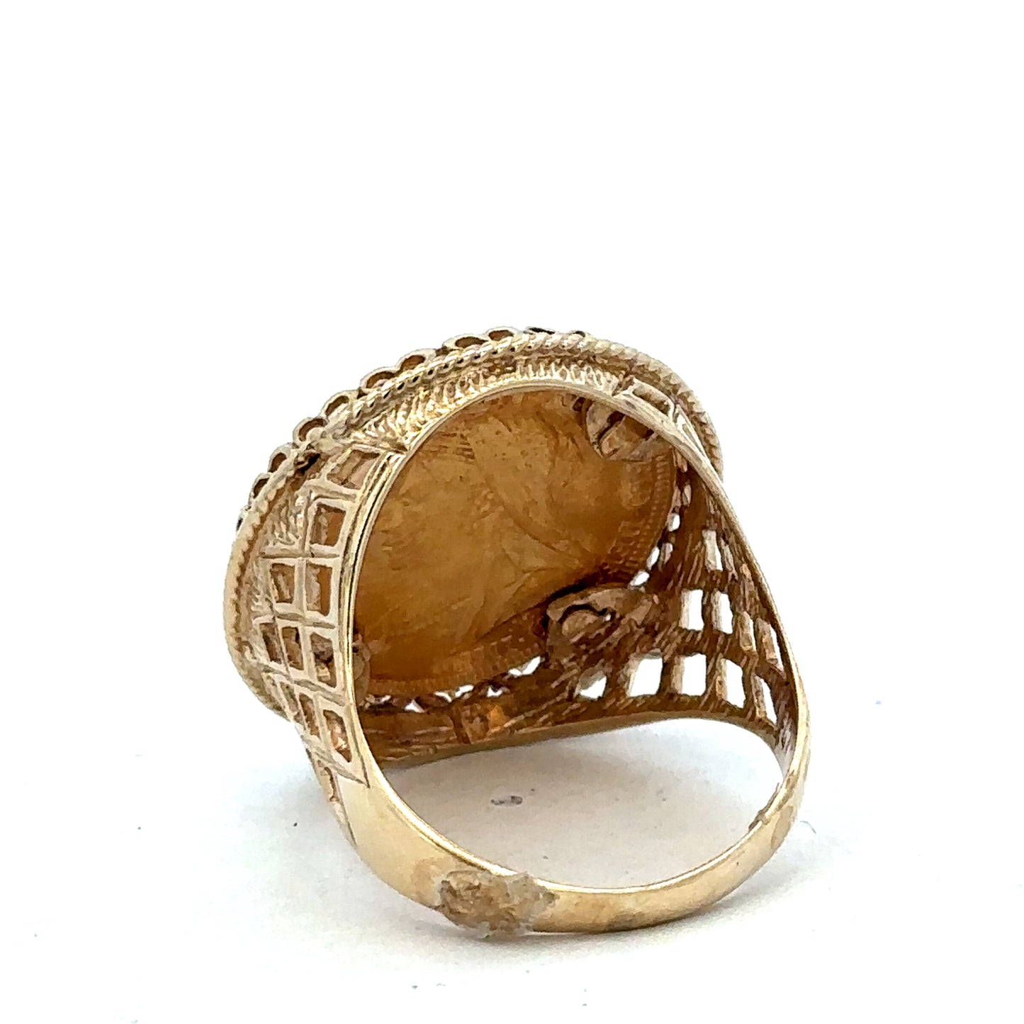 9ct yellow gold Sovereign ring with detailed coin design, size X, by Reeves and Sons, featuring vintage-inspired craftsmanship.