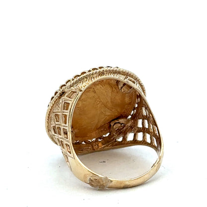 9ct yellow gold Sovereign ring with detailed coin design, size X, by Reeves and Sons, featuring vintage-inspired craftsmanship.