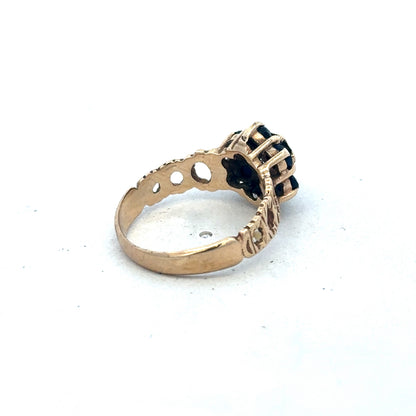 9ct yellow gold sapphire and diamond ring, size M, featuring a central sapphire with diamond accents, designed by Reeves and Sons.
