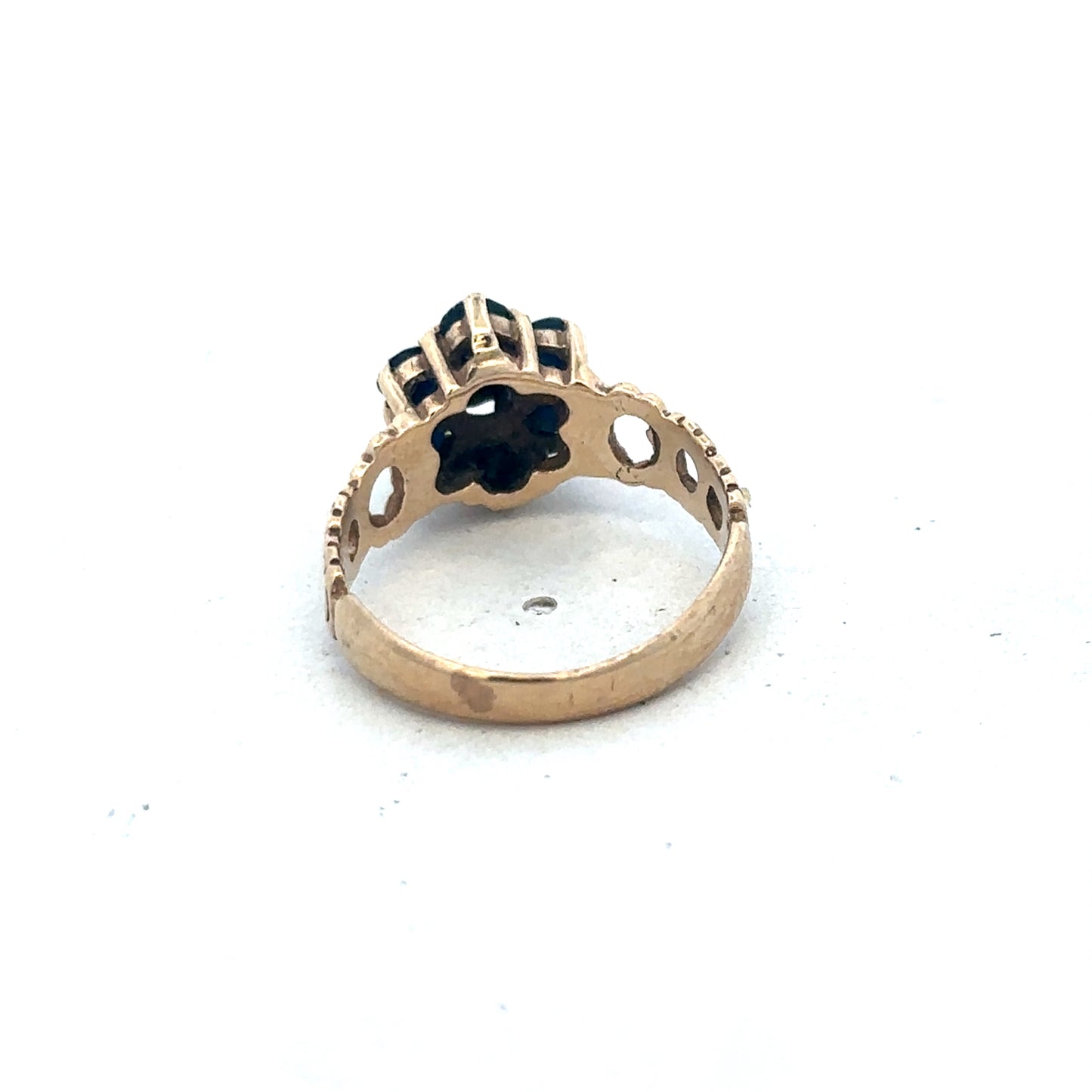 9ct yellow gold sapphire and diamond ring, size M, featuring a central sapphire with diamond accents, Reeves and Sons jewelry