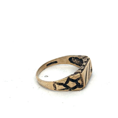 9ct yellow gold diamond signet ring in size S1/2, featuring a polished surface and engraved design, by Reeves and Sons.