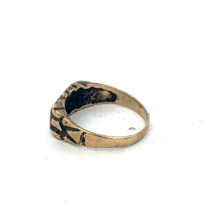 9ct yellow gold diamond signet ring with engraved design, size S1/2, by Reeves and Sons, shown close-up in a jewelry photograph.