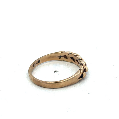 9ct yellow gold keeper ring in size K with intricate design, crafted by Reeves and Sons.