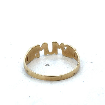 9ct yellow gold MUM ring in size O featuring a polished band and engraved message, crafted by Reeves and Sons.