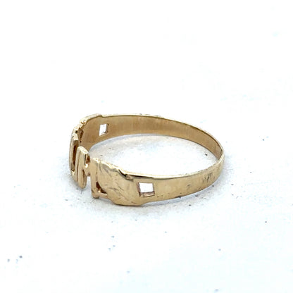 9ct yellow gold MUM ring in size O from Reeves and Sons, featuring a polished gold band with engraved design.