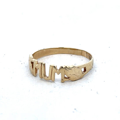 9ct yellow gold MUM ring in size O by Reeves and Sons, featuring a polished band with engraved details visible in the image.