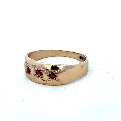 9ct yellow gold garnet ring in size N with a polished finish, featuring a deep red garnet gemstone set in a classic band.