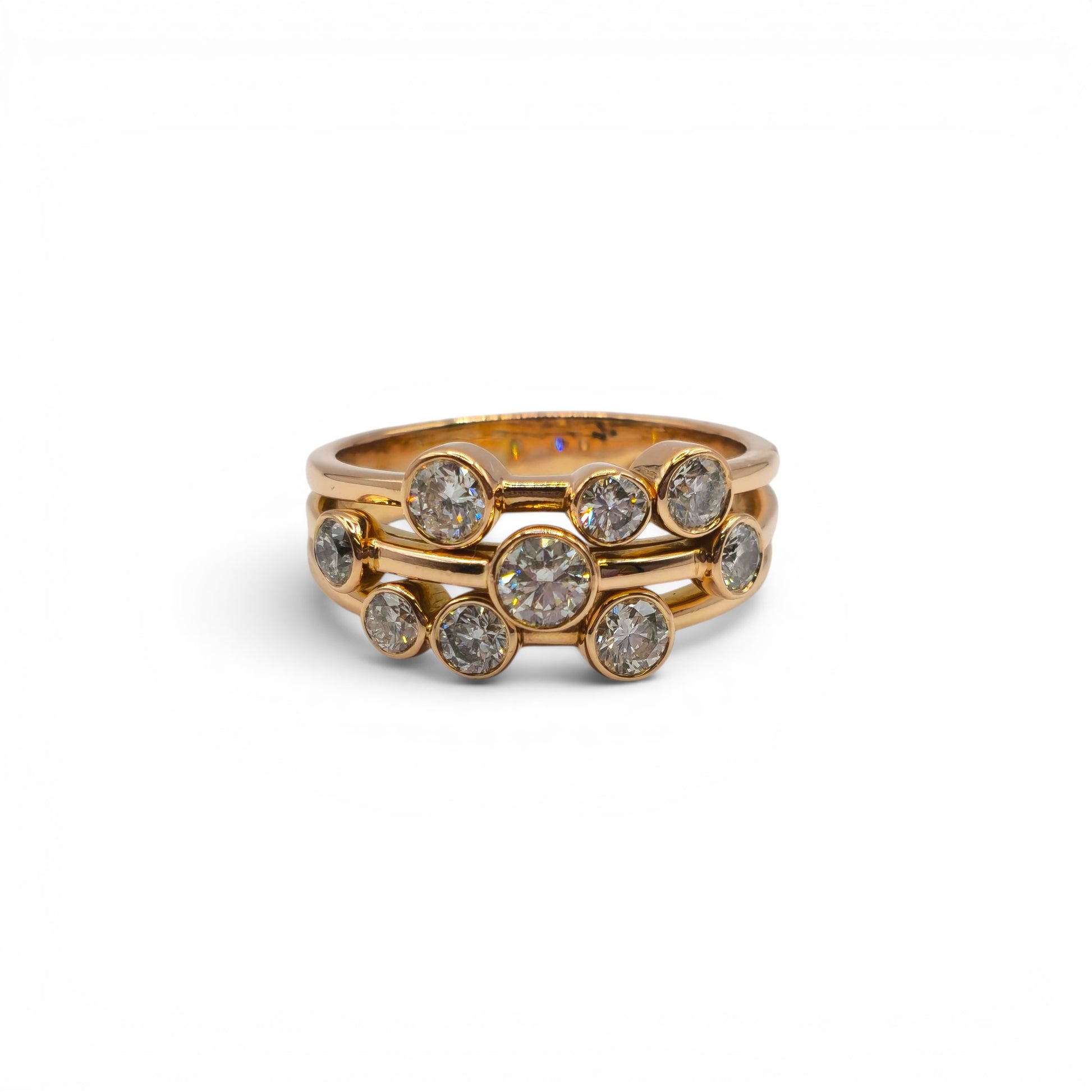 18ct rose gold diamond bubble ring by Reeves and Sons, featuring a delicate design with sparkling diamonds and smooth gold finish.