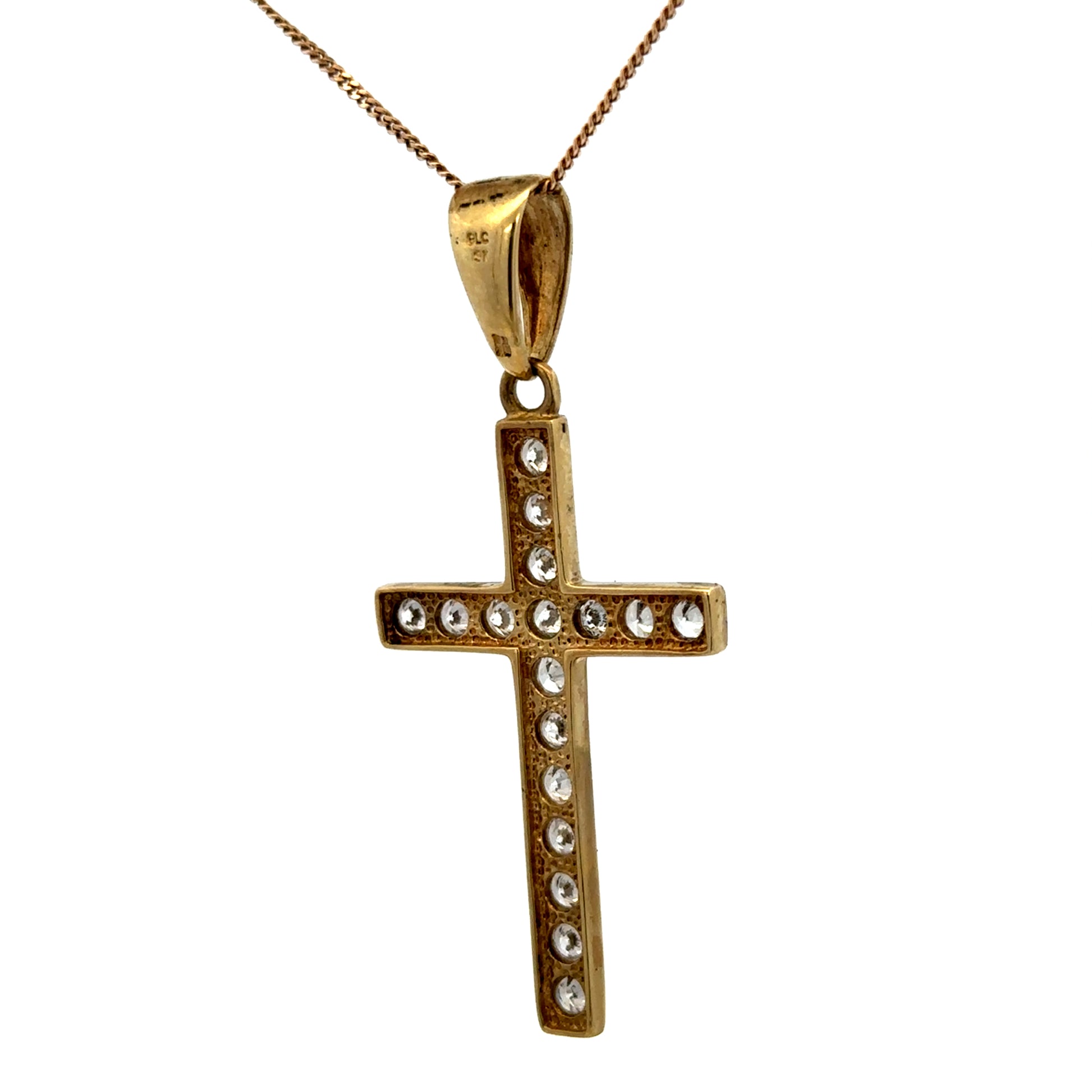9ct yellow gold cross pendant weighing 4.6g with detailed design, crafted by Reeves and Sons, hanging on a chain.