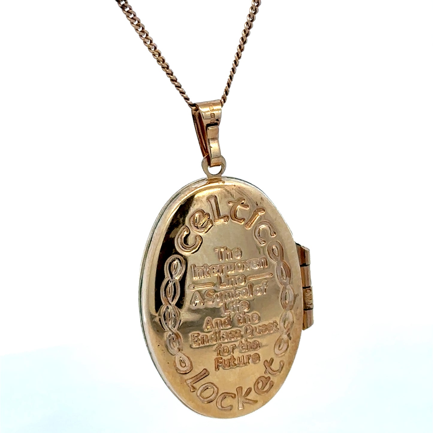 9ct yellow gold locket pendant by Reeves and Sons, showcasing a polished, oval-shaped pendant with intricate detailing.