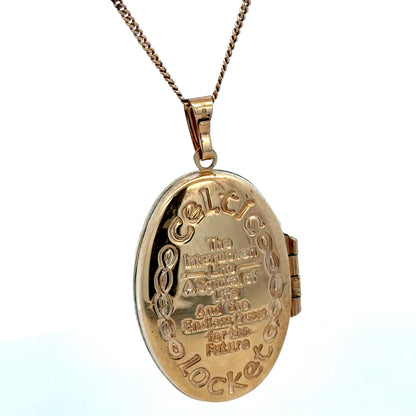 9ct yellow gold locket pendant by Reeves and Sons, showcasing a polished, oval-shaped pendant with intricate detailing.