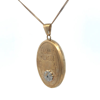 9ct yellow gold locket pendant by Reeves and Sons, featuring a smooth polished surface and intricate design details.