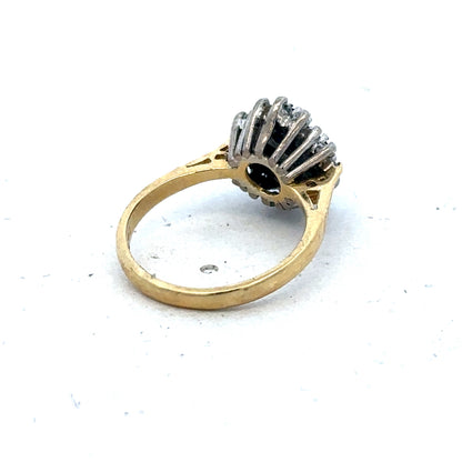 18ct yellow gold diamond and sapphire ring in size H with intricate detailing, from Reeves and Sons.